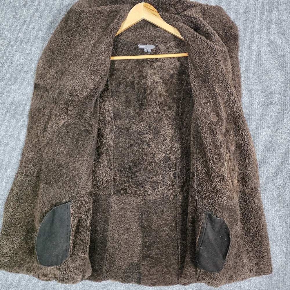 Vince M Shearling Leather Coat Spanish Merino Lamb Wool Brown Suede Hooded - Picture 10 of 13